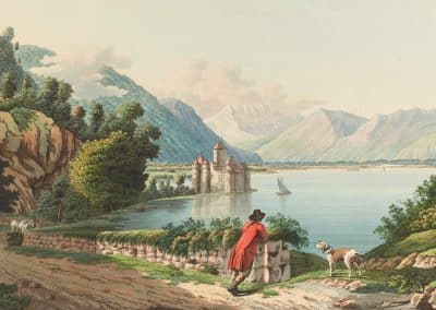 Vue du château de Chillon sur le Lac de Genève au Canton de Berne, gravé d'après le tableau original de Mr. Hubert de Genève, et se trouve à Basle chez Chr. de Mechel. Entre 1790 et 1797. Collection Gugelmann