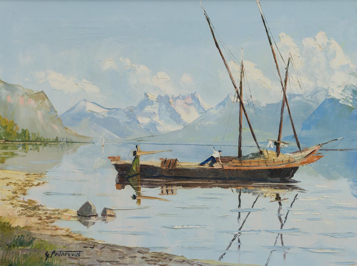 Gaston Peitrequin (1915-1990), "Barque du Léman au pied du Lavaux", vers 1940-1950. Huile sur toile 59,5 x 44,5cm. Collection privée