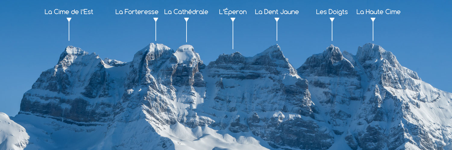 Les sept sommets des Dents du Midi. La Cime de l'Est, La Forteresse, la Cathédrale, L'Éperon, la Dent Jaune, Les Doigts, la Haute Cime Présentation dans l'ordre des différents noms des sommets des Dents du Midi