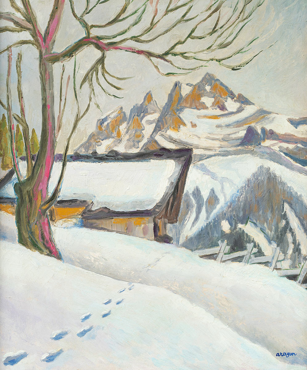Henri Aragon (1909 - 2001). "Champéry. Les Dents-du-Midi depuis le chemin du Col de Coux", huile sur toile 45 x 37cm, 1941-1986. Galerie de la Tine, Troistorrents